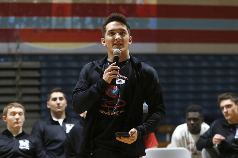 Marina Central’s Max Astacio talks about the season as Marina Central honors their wrestlers that brought home the IHSA Class 1A Dual Team State Championship title on Friday, March 8, 2024, during a celebration at the high school in Woodstock.