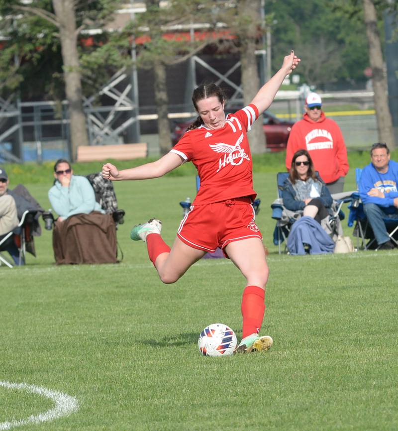 Oregon's Teagan Champley (17) clears the ball during the 1A Oregon Regional on Tuesday, May 14, 2024. Oregon won the game 4-1 to advance to the Shabbona (Indian Creek) Sectional on Saturday, May 18 against Stillman Valley. Game time is noon.