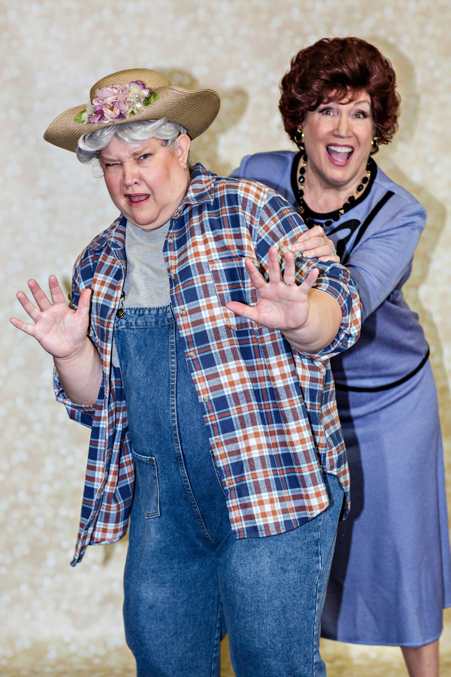 Pictured left to right: Julie Brouton (Ouiser), Alison Hage Clairee)  in Theatre 121's "Steel Magnolias" in 2024 at Woodstock Opera House.