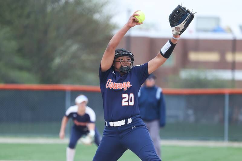 Oswego’s Jaelynn Anthony delivers a pitch against Minooka on Wednesday, April 17, 2024 in Minooka.