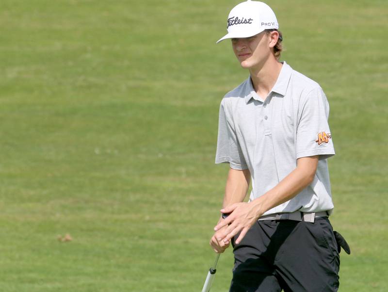 Minooka's Michael Kuchar looks to put during the Pirate Invitational golf meet on Monday, Sept. 16, 2024 at Deer Park Golf Course in Oglesby.