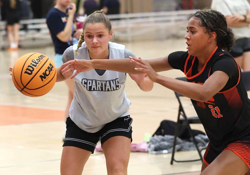 Sycamore’s Grace Amptmann looks to go baseline during their summer game against Freeport Monday, June 17, 2024, at DeKalb High School.