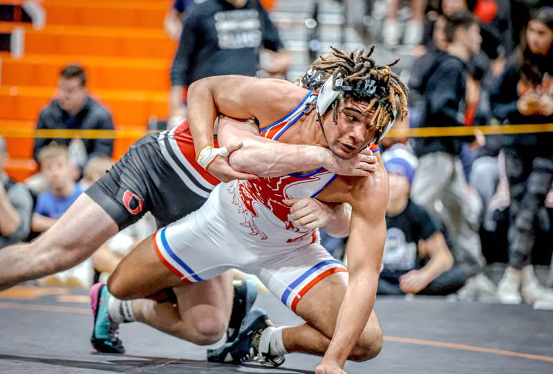 Oregon's Quentin Berry wrestles Orion's Maddux Anderson in the 190 weight division at the 1A Byron Sectional on Saturday, Feb. 10, 2024. Berry lost this match, but advanced to the state finals with a second place finish.