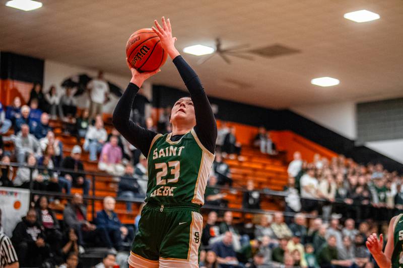 St. Bede's Ali Bosnich lays up a shot against Morgan Park during the 1A Sectional game on Tuesday Feb. 20, 2024 at Gardner-South Wilmington High School in Gardner