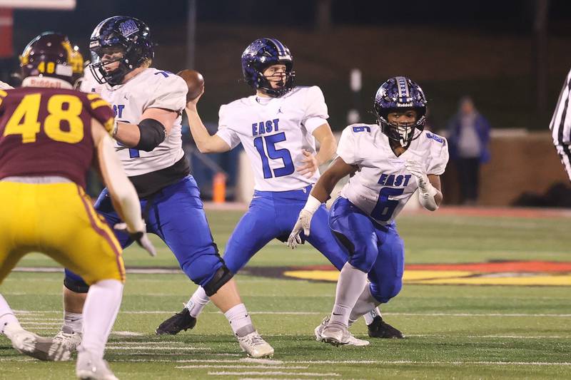Lincoln-Way East’s Braden Tischer passes against Loyola in the Class 8A championship on Saturday, Nov. 25, 2023 at Hancock Stadium in Normal.