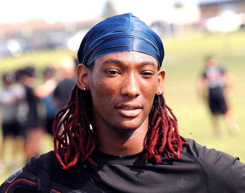 Sandwich Football player Simeion Harris at the first day of football practice at Sandwich High School on Monday, Aug. 12, 2024.