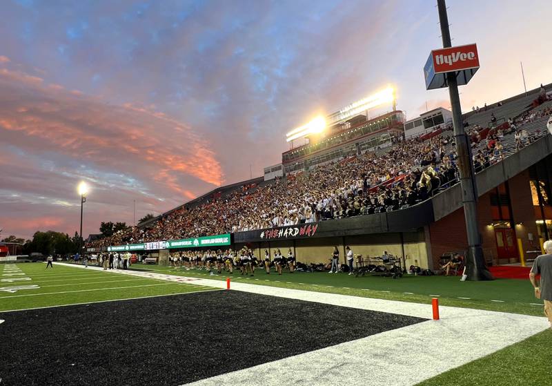 The sun sets during the DeKalb, Sycamore game Friday, Aug. 30, 2024, during the FNBO Challenge at Huskie Stadium at Northern Illinois University.