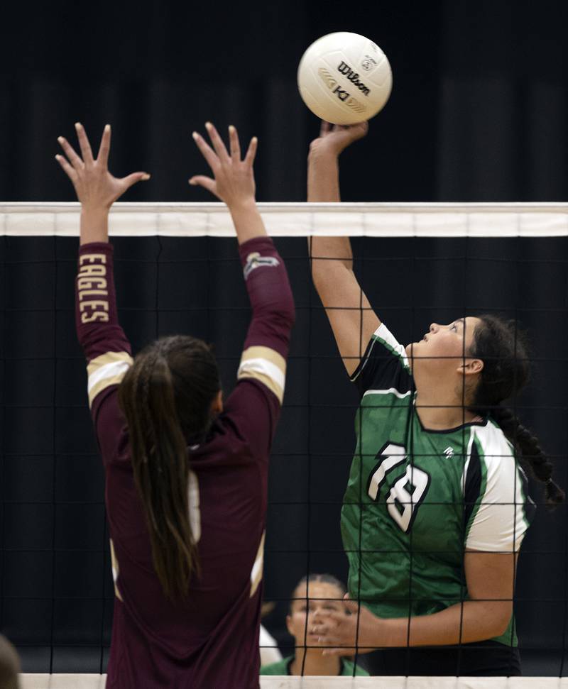 Rock Falls’ Ari Reyna spikes against Dunlap Thursday, Aug. 29, 2024, at Rock Falls High School.