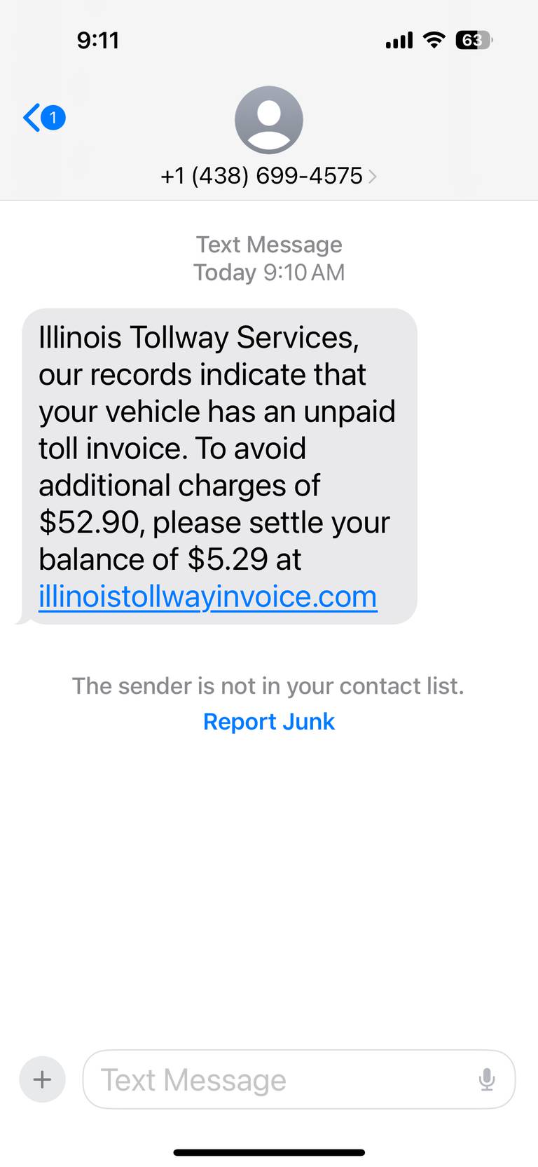 Text messages like this one claiming owed tollway charges are one of the latest scams going around, reported the Illinois Tollway Wednesday, Aug. 7, 2024. Officials warned residents not to click on the link or reply to the text.