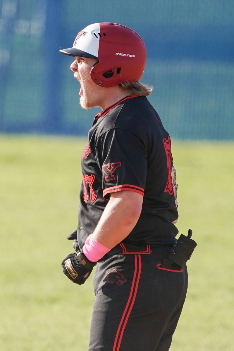 Yorkville's Kameron Yearsley (17) reacts after hitting a double against Neuqua Valley during a Class 4A Neuqua Valley Regional semifinal baseball game at Neuqua Valley High School in Naperville on Thursday, May 23, 2024.