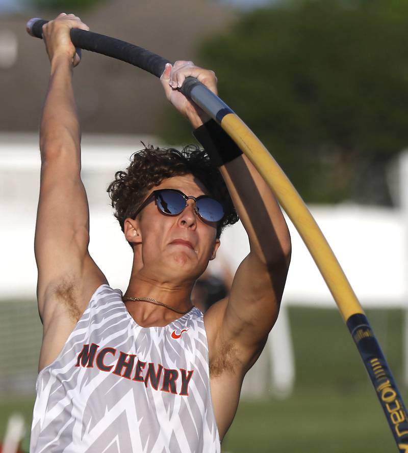 McHenry’s Zachary Galvicius pole vaults during the Huntley IHSA Class 3A Boys Sectional Track and Field Meet on Wednesday, May 15, 2024, at Huntley High School.