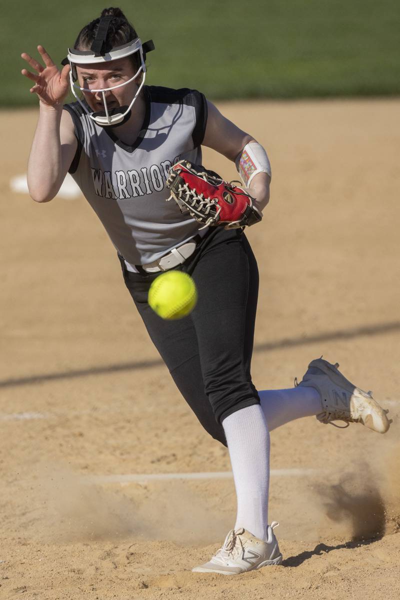 Shae Simons throws a strike against Senica High School during the game on April 15, 2024. Simons was the starting pitcher for the WFC Warriors.