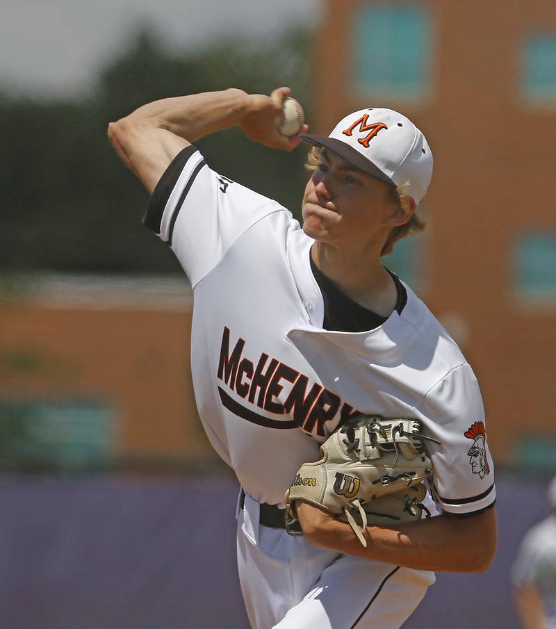 McHenry's Brandon Shannon throws a pitch during a Class 4A Hampshire sectional baseball game against Hampshire on Wednesday, May 29, 2024, at the Hampshire High School.