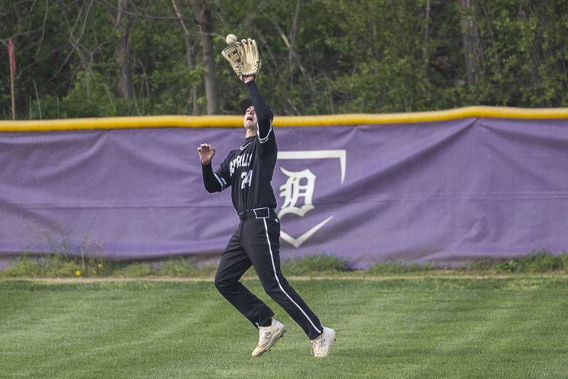 Rock Falls’ Owen Mandrell hauls in a fly ball against Dixon Monday, April 22, 2024 in Dixon.