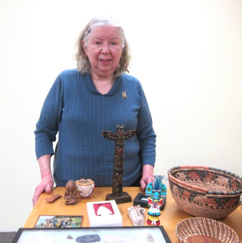 Lonna Naumann, local historian of Native Americans, presented "Senachwine and Local Indians" to Chief Senachwine Chapter Daughters of the American Revolution members and guests on Feb. 3, 2024. She displays a few of her Native American treasures, some of which date several hundred years ago.