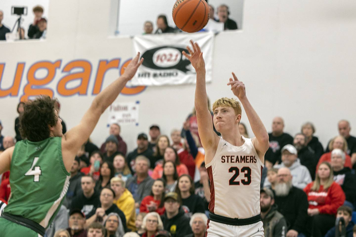 Fulton’s Ethan Price puts up a shot against Scales Mound Friday, March 3, 2023 in the 1A sectional final in Lanark.