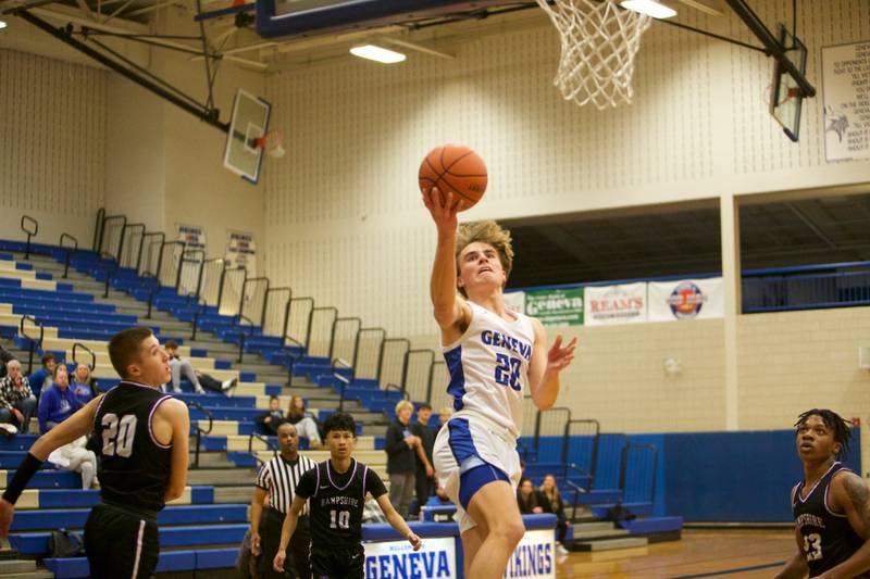 Geneva's Dane Turner goes in for the lay up against Hampshire at Geneva Day of Hoops on Monday, Jan. 15th in Geneva.