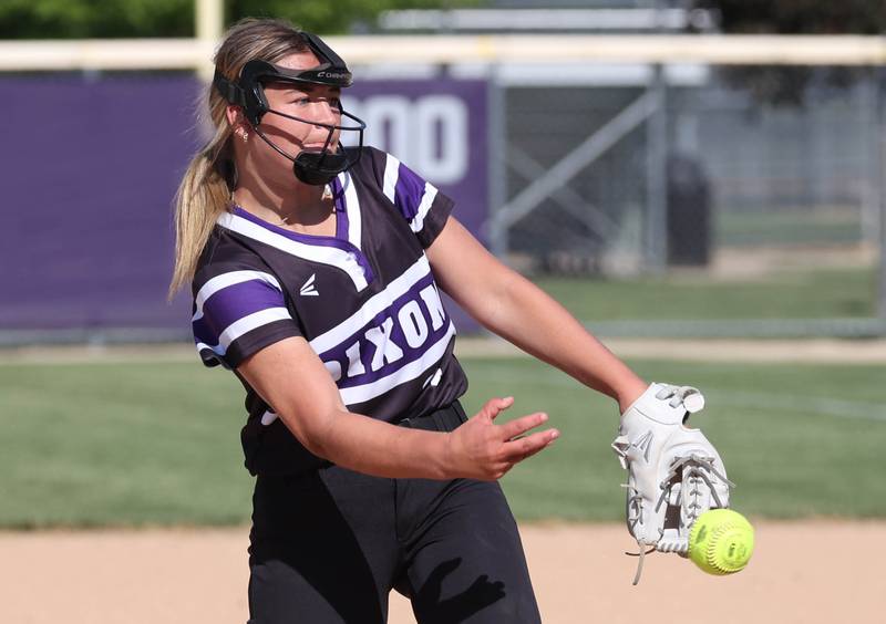 Dixon’s Abby Hicks delivers a pitch during their Class 3A regional championship game against Sycamore Thursday, May 23, 2024, at Rochelle High School.