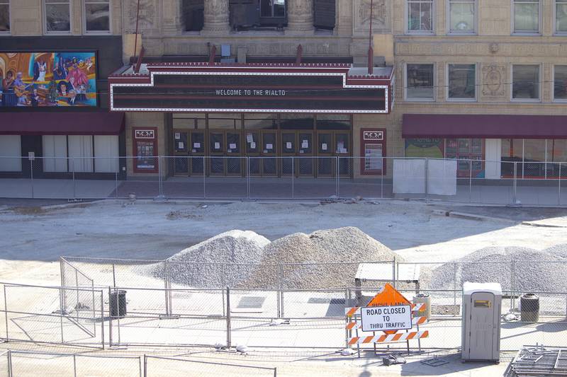 Construction zone next to Rialto Square Theatre on Monday Sept. 16, 2024, next to Chicago Street in Joliet.