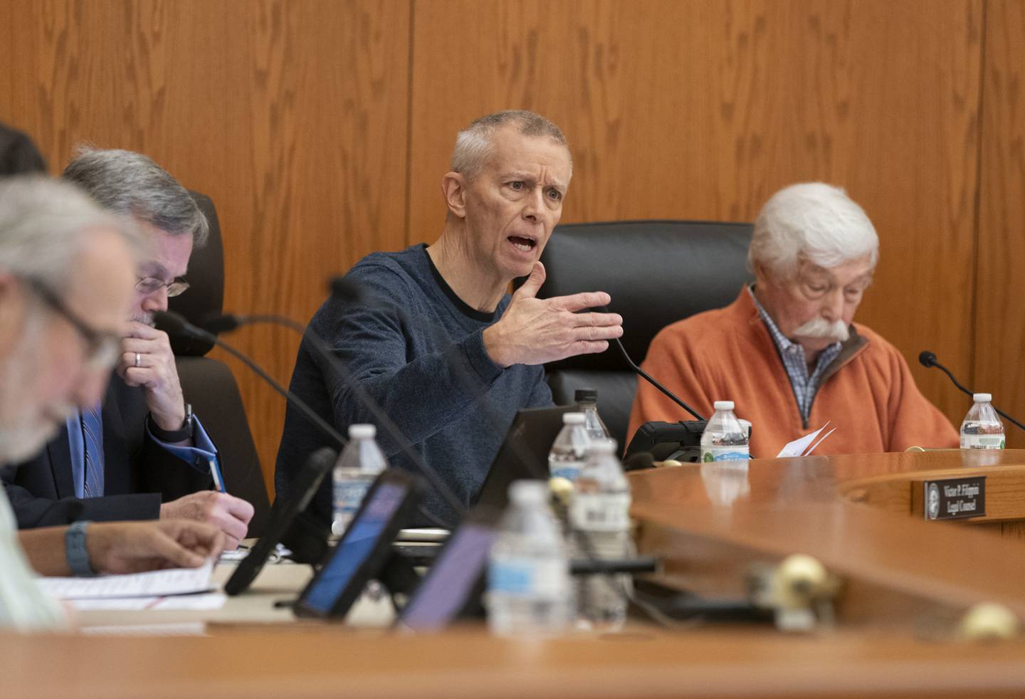 Crystal Lake Planning and Zoning Commission chairman Jeff Greenman speaks during a Planning and Zoning meeting at Crystal Lake City Hall on Wednesday, January 24, 2024. Crystal Lake trucking company NVA Transportation is seeking a rezoning of their Sands Road property to expand the business . Ryan Rayburn for Shaw Local