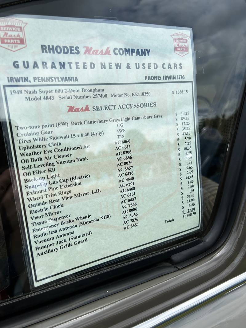 Here's the price sticker for the 1948 Nash Super 600 owned by Chris and Molly Detwiter of New Stanley, Pennsylvania. It was one of the cars at the Nashional Car Show, held at the Stronghold Camp & Retreat Center on Saturday, June 29, 2024. The purchase price was $1,908.50.