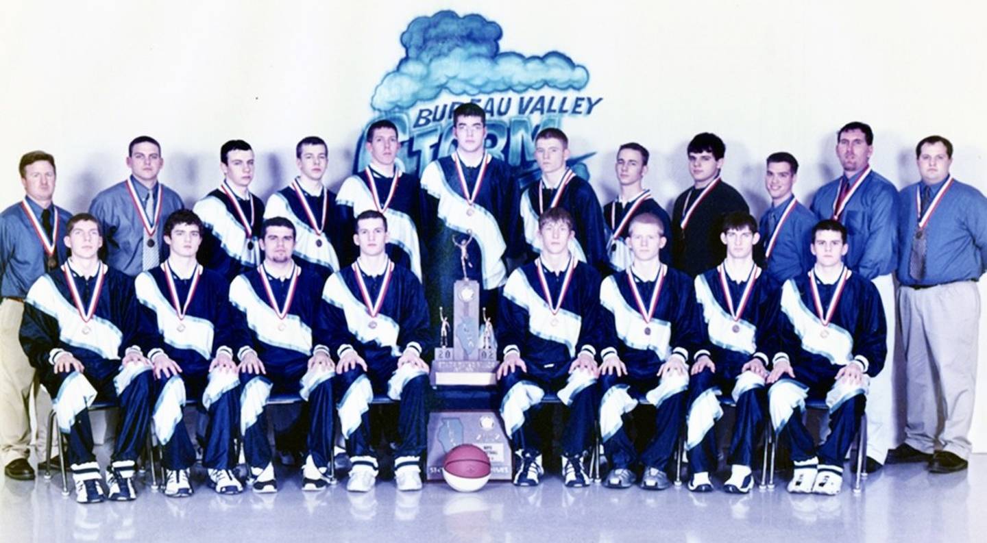 The 2001-02 Storm basketball team was the third from Bureau Valley to reach State and placed third-place basketball team. Team members are (front row, from left) Justin Von Holten, Nathan Koning, Greg Cooley, Adam Gutshall, Phil Endress, Brandon Bowman, Mike Jesiolowski and Reid Oberle; and (back row) assistant coach Bret Helms, assistant coach Jason Stabler, Steve Szabo, Josh Marlowe, Nick Yates, Matt Moodie, Jake Mahnesmith, Chris Behrens, manager Jared Draper, manager Jacob King, head coach Brad Bickett and assistant coach Nick Hartz.