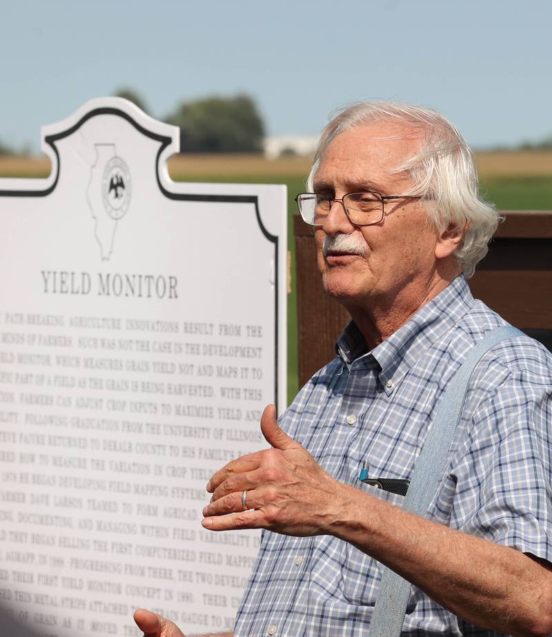 Steve Faivre, one of the creators of the yield monitor, speaks Tuesday, Sept. 10, 2024, during the dedication, hosted by the DeKalb Area Agricultural Heritage Association, for the new historical marker at the Faivre farm in DeKalb. The marker celebrates the creation yield monitor, an important innovation in farming.