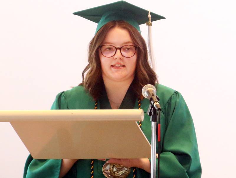 Valedictorian Isabella Hagenbuch speaks to the Class of 2024 during the commencement ceremony on Sunday, May 19, 2024 at St. Bede Academy.