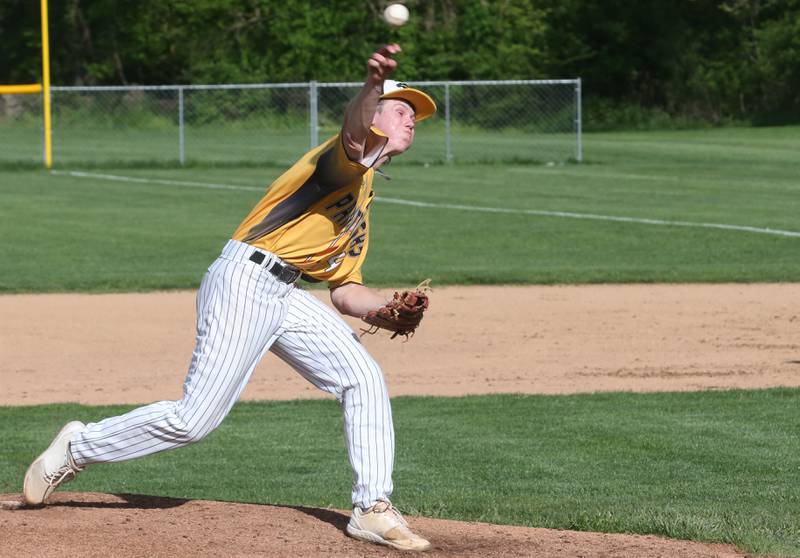 Putnam County starting pitcher Miles Main lets go of a pitch to St. Bede on Tuesday, April 30, 2024 at St. Bede Academy.