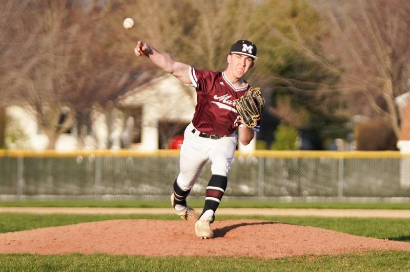 Marengo’s Ryan Heuser (12) delivers a pitch against Plano during a baseball game at Plano High School on Monday, April 8, 2024.