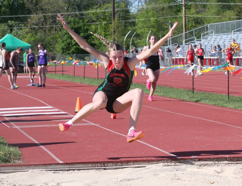 L-P's Aubry Duttlinger competes in the triple jump during the Interstate 8 conference track meet on Friday, May 3, 2024 at the L-P Athletic Complex in La Salle.