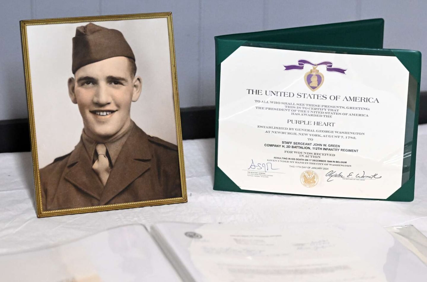 The family of Army Staff Sgt. John W. Green, an Aurora resident who died during World War II, received his medals on Tuesday, June 25, 2024, during a ceremony in Batavia.