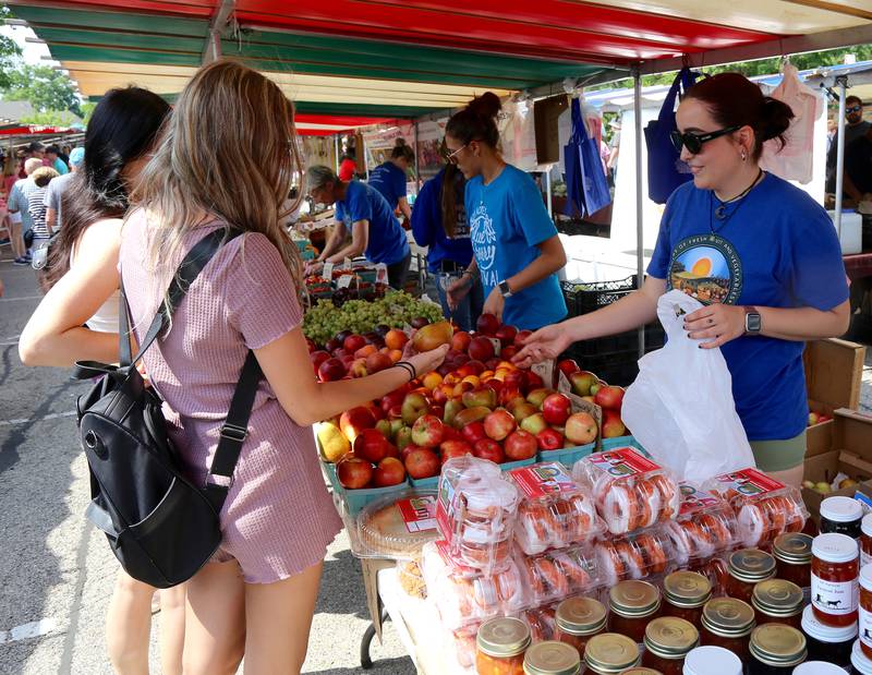 Sophia Hein Fiona Duggan and Nicole Aciurba (left) both of St. Charles talk to Olivia Amaya from Windy Acres (right) at the Geneva French Market on Sunday, June 16, 2024.