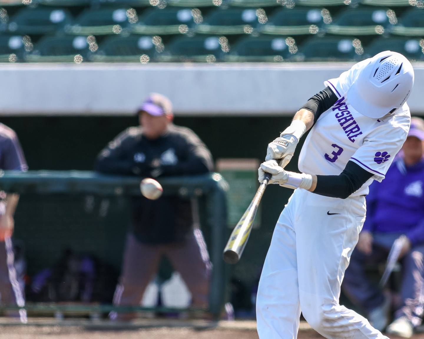 Hampshire's Ari Fivelson (3) connects on a pitch for the game winning hit during baseball game between Dixon at Hampshire.  March 28, 2024