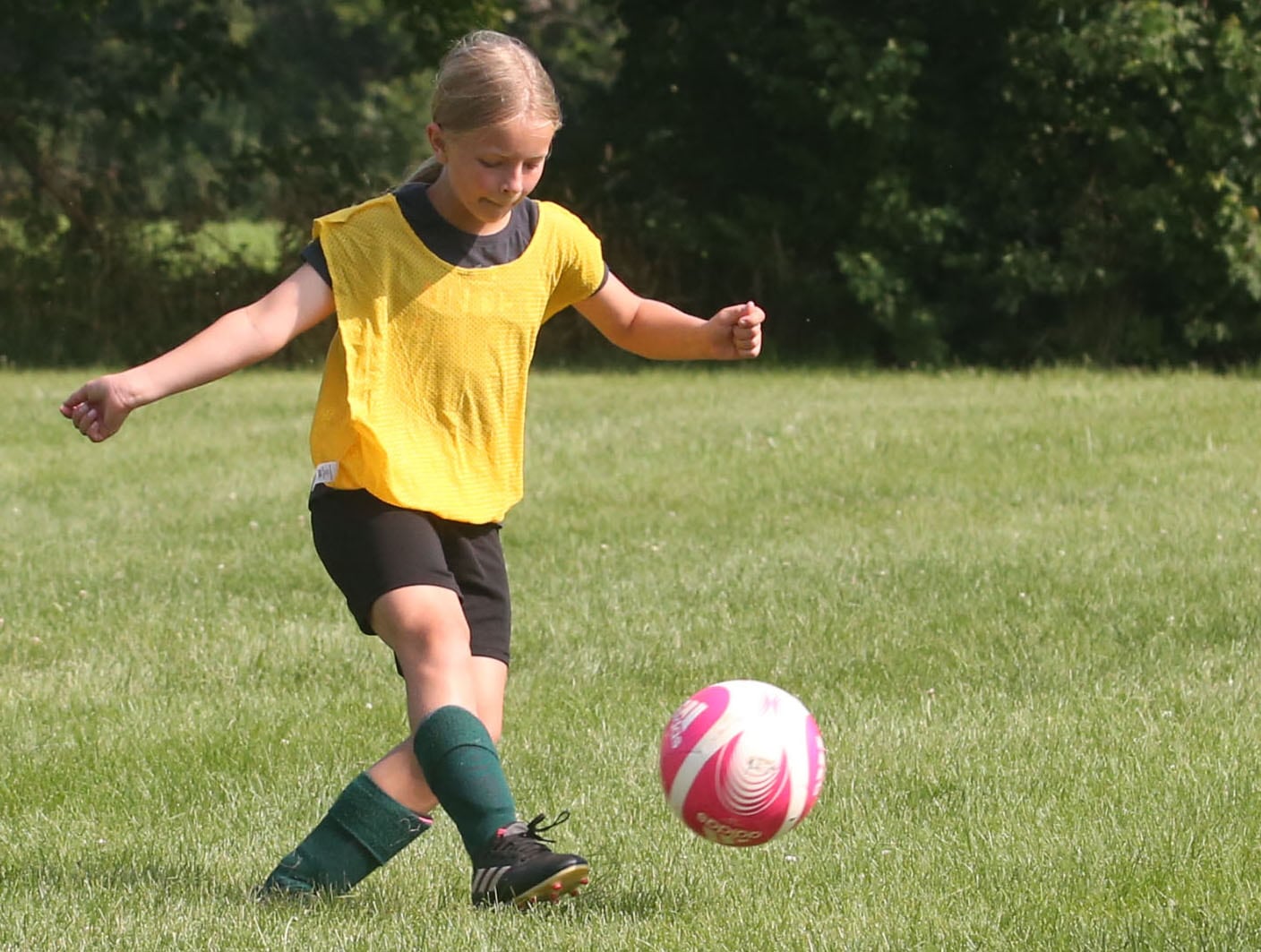 Callie Odell kicks the ball during the Astra Soccer Program on July 25, 2024 at Jefferson School in Princeton. The free clinic is held two days a week and is open to boys and girls from birth years 2007-2018. For more information visit www.astrasoccer.com