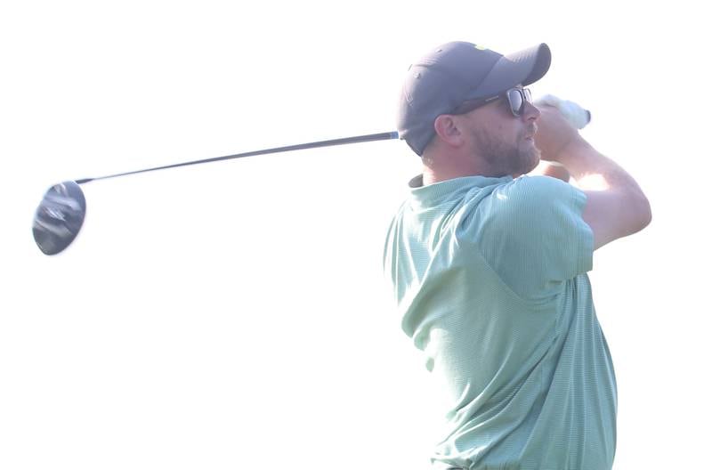 Ryan Harvey tees off on the 18th hole during the Illinois Valley Mens Golf Championship on Sunday, July 28. 2024 at Mendota Golf Club.