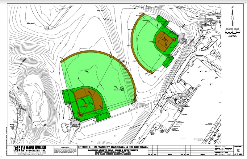 A drawing of McHenry's new baseball field, on which construction will start within the next few weeks. It will have a turf infield and sod outfield and will be where the old soccer field was on West Campus.