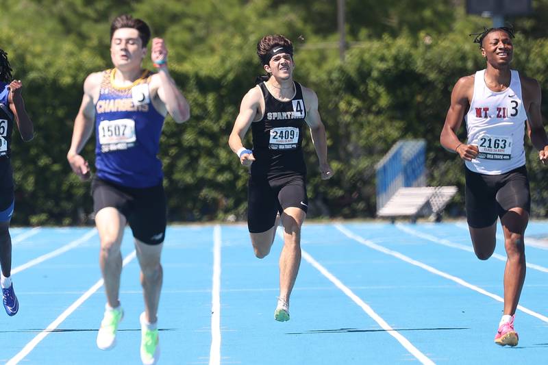 Sycamore’s Eli Crome competes in the Class 2A 100 Meter State Championship on Saturday, May 25, 2024 in Charleston.