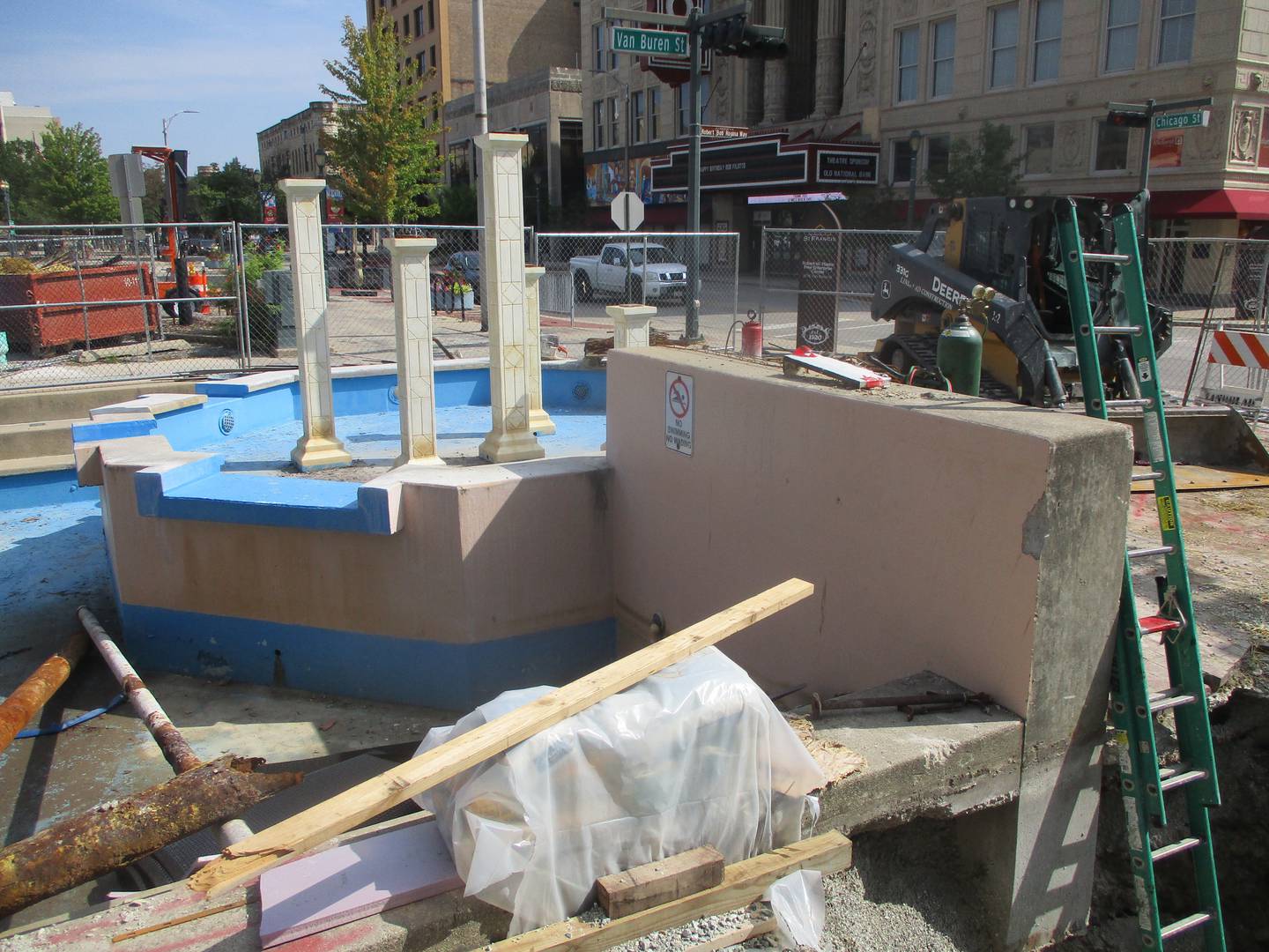 The Van Buren Plaza fountain, now in the middle of a construction zone, has been shut off for good as Joliet prepares to build a new city square. Aug. 8, 2023.