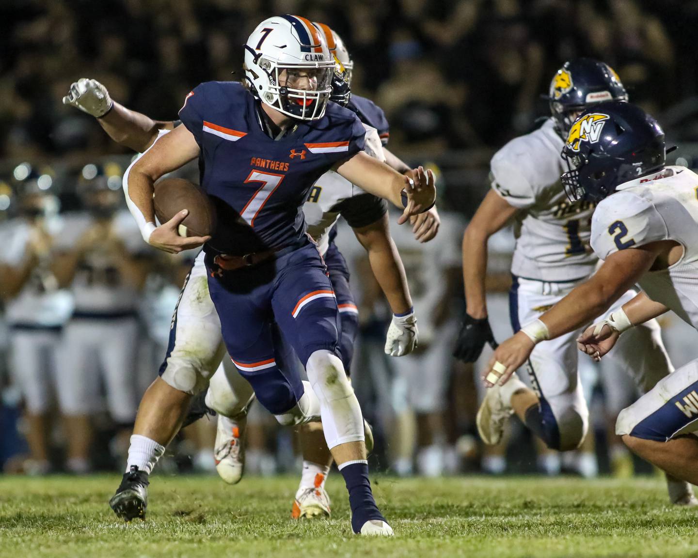 Oswego's Brett Connolly (7) runs with the ball during a football game between Neuqua Valley and Oswego on Friday, Aug. 30, 2024 in Oswego. Gary E Duncan Sr for Shaw Local News Network.