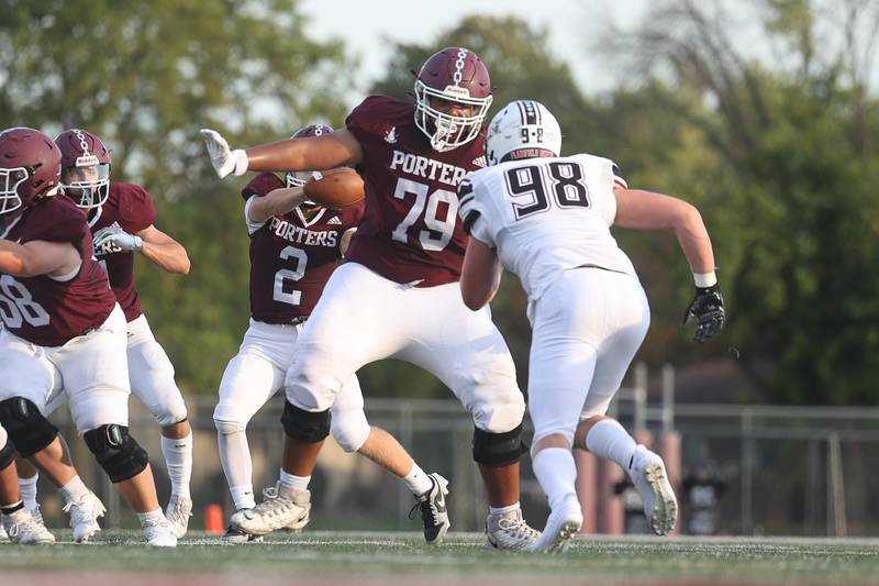 Lockport’s Ethan Posey looks to make a block against Plainfield North on Friday, August 30, 2024 in Lockport.