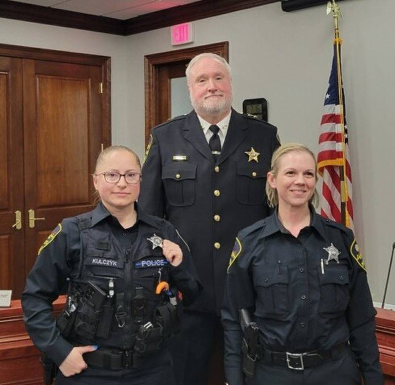 Campton Hills Police Department hired two new part-time officers and promoted a sergeant to deputy chief. Officer Karolina Kulczyk (left), Deputy Chief Thomas Blincoe and Officer Stavroula Tsina, all took the oath of office at the March 5 Village Board meetint.