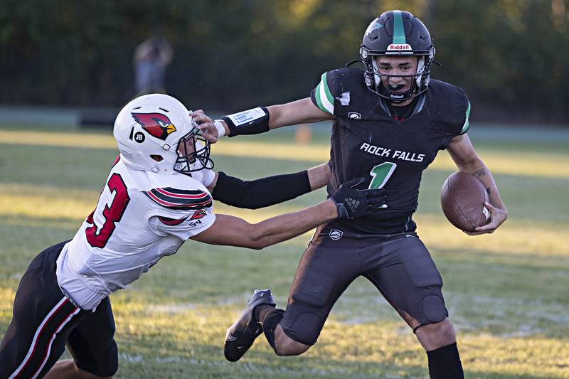 Rock Falls’ Easton Canales avoids a tackle from Stillman Valley’s Jacob Rhodes Thursday, August 31, 2023 during a game at Rock Falls High School.