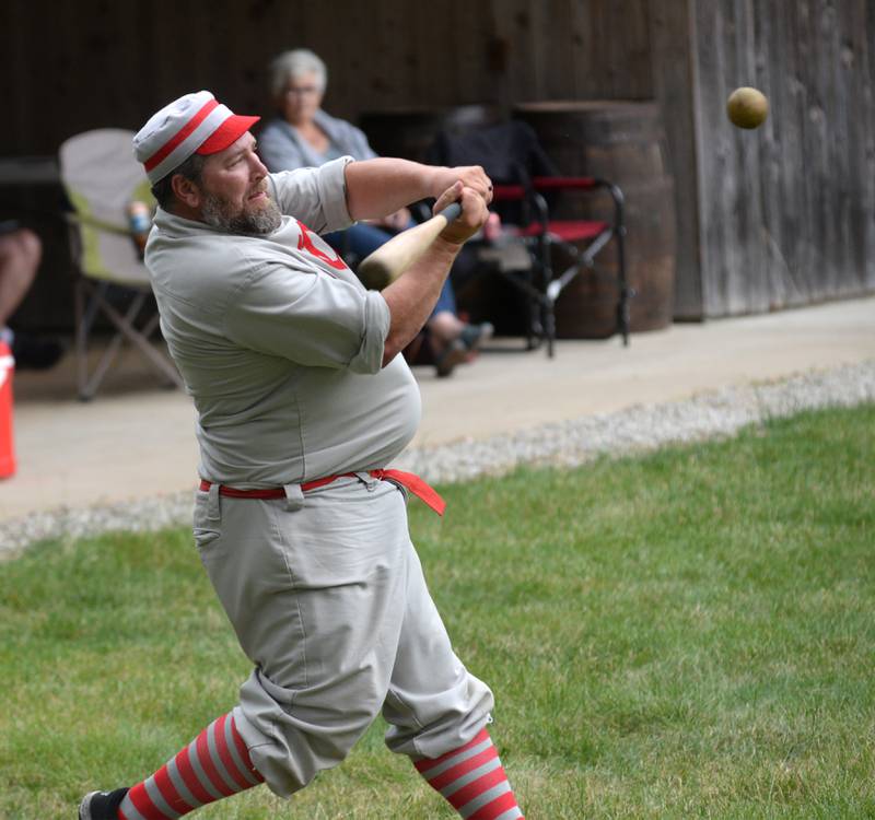 Ganymede Ryan "Morty" Mortlock bats during the vintage base ball game against the DuPage Plowboys at the John Deere Historic Site in Grand Detour on Saturday, June 8, 2024.