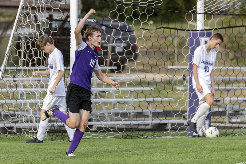 Dixon’s Logan Grett celebrates his goal against Rockford Lutheran Wednesday, Sept. 18, 2024.