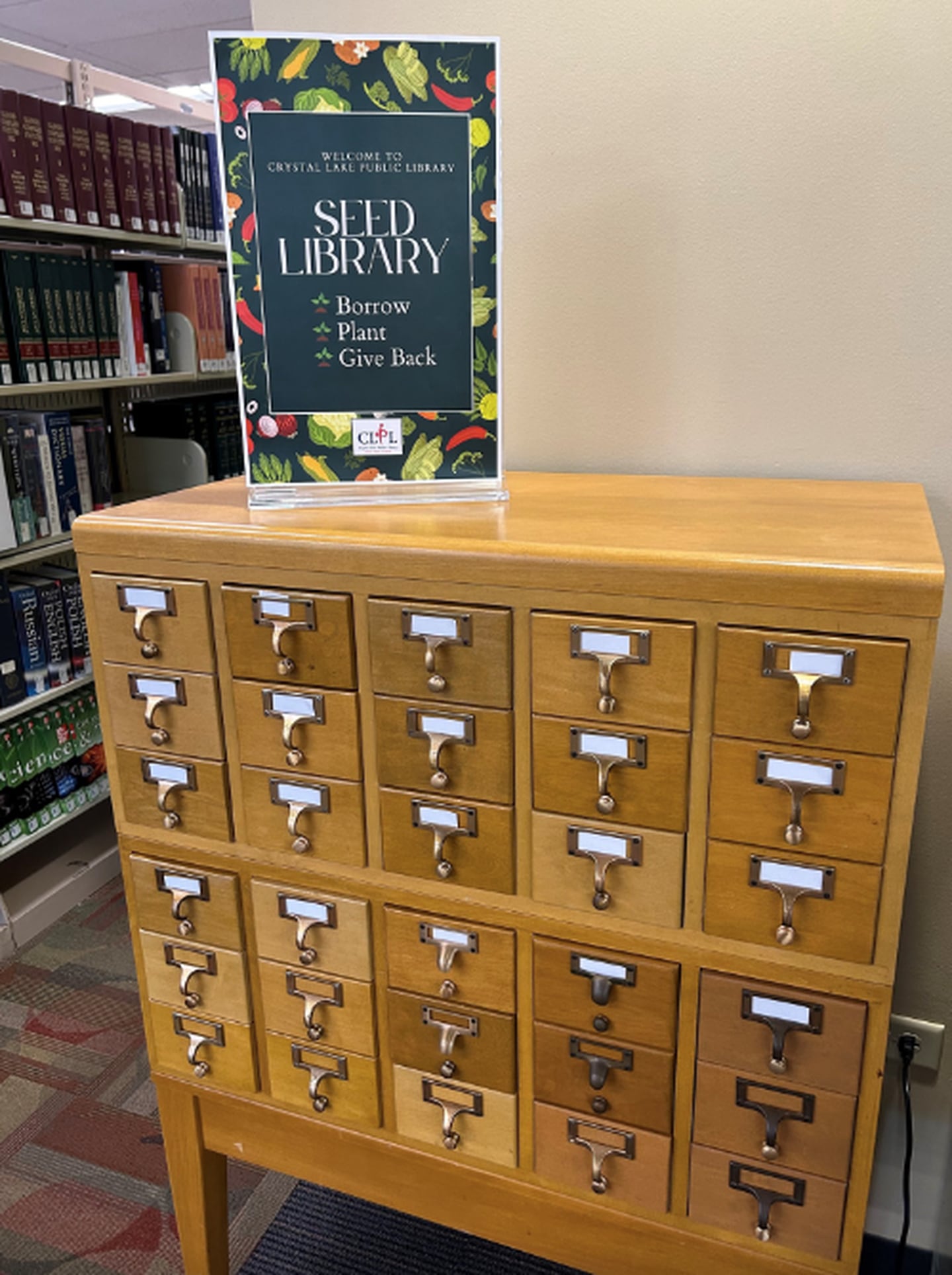 Crystal Lake Public Library seed library is located at the Adult Services section.