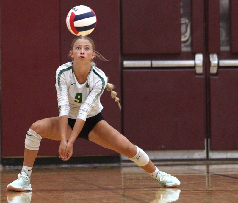 Crystal Lake South’s  Emma Feinberg passes the ball in varsity girls volleyball on Thursday, Aug. 29, 2024, at Prairie Ridge High School in Crystal Lake.