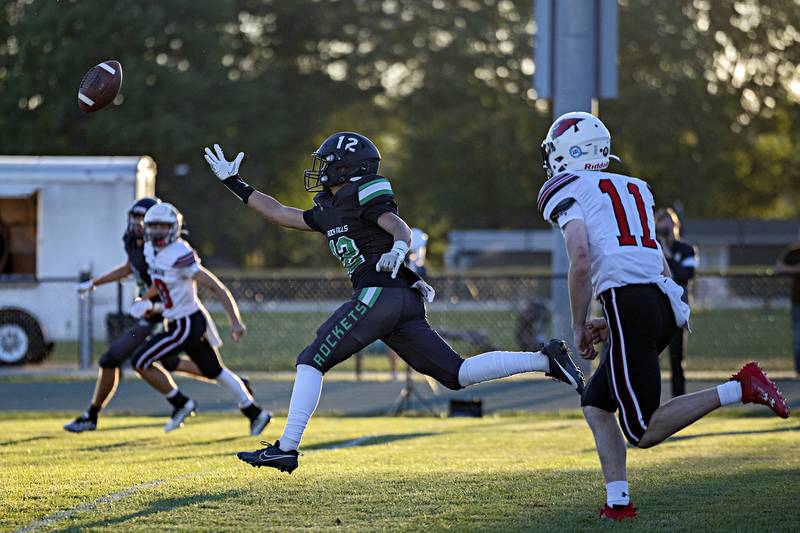 Rock Falls’ Austin Castaneda is overthrown in a game against Stillman Valley Thursday, August 31, 2023 at Rock Falls High School.