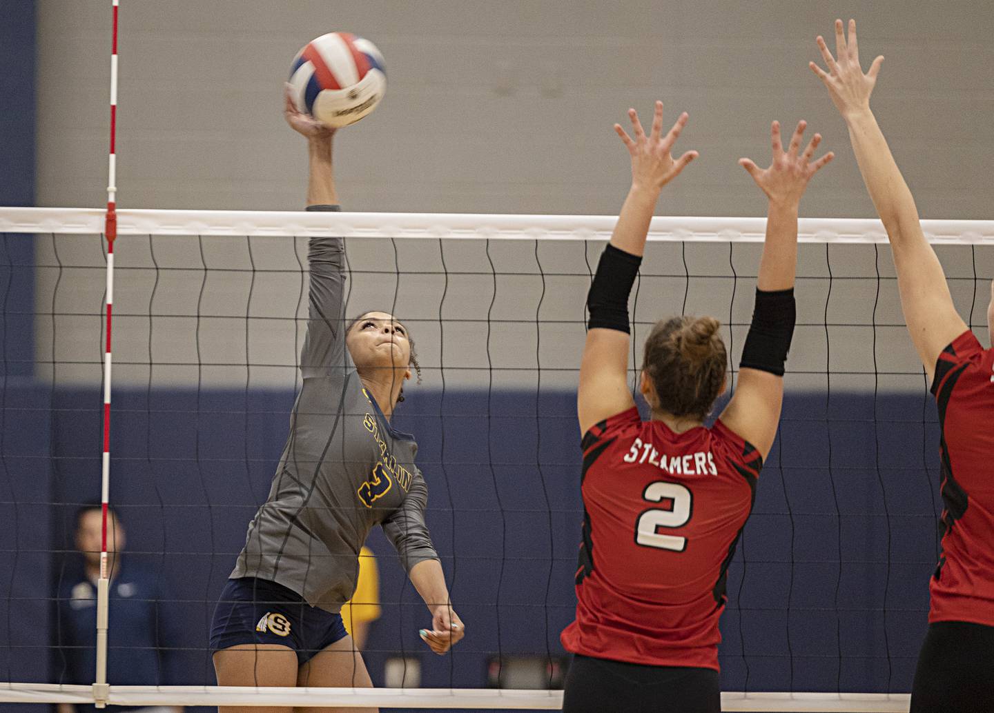 Sterling’s Delali Amankwa hammers a shot against Fulton Saturday, Sept. 30, 2023 during the Sterling Volleyball Invitational held at Challand Middle School.