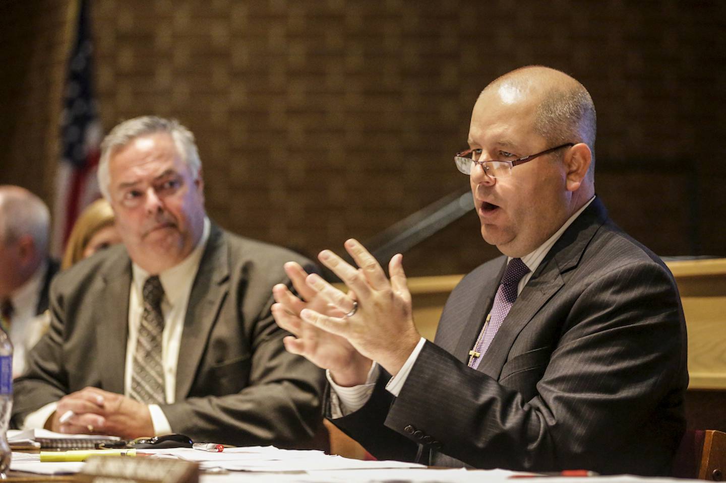 Lincoln-Way Community High School District 210 Superintendent Scott Tingley speaks Thursday about deficit reduction options during a board of education meeting in New Lenox.